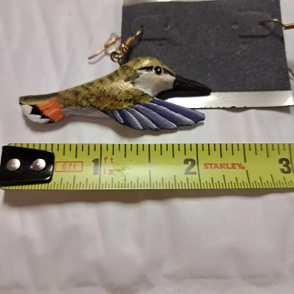 80's Handmade Handpainted Flying Hummingbird Dangle pierced earrings - Picture 7 of 8